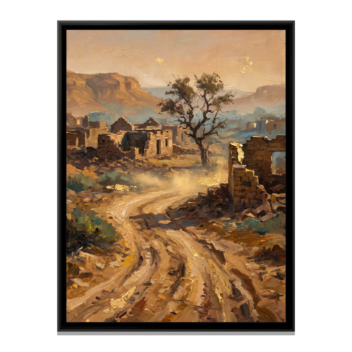 Desert Track to an Abandoned Village, canvas print in a floater frame on a plain white background