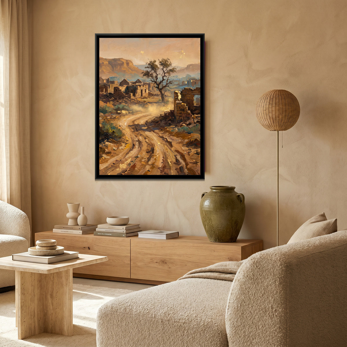 Desert Track to an Abandoned Village, canvas print shown in a room