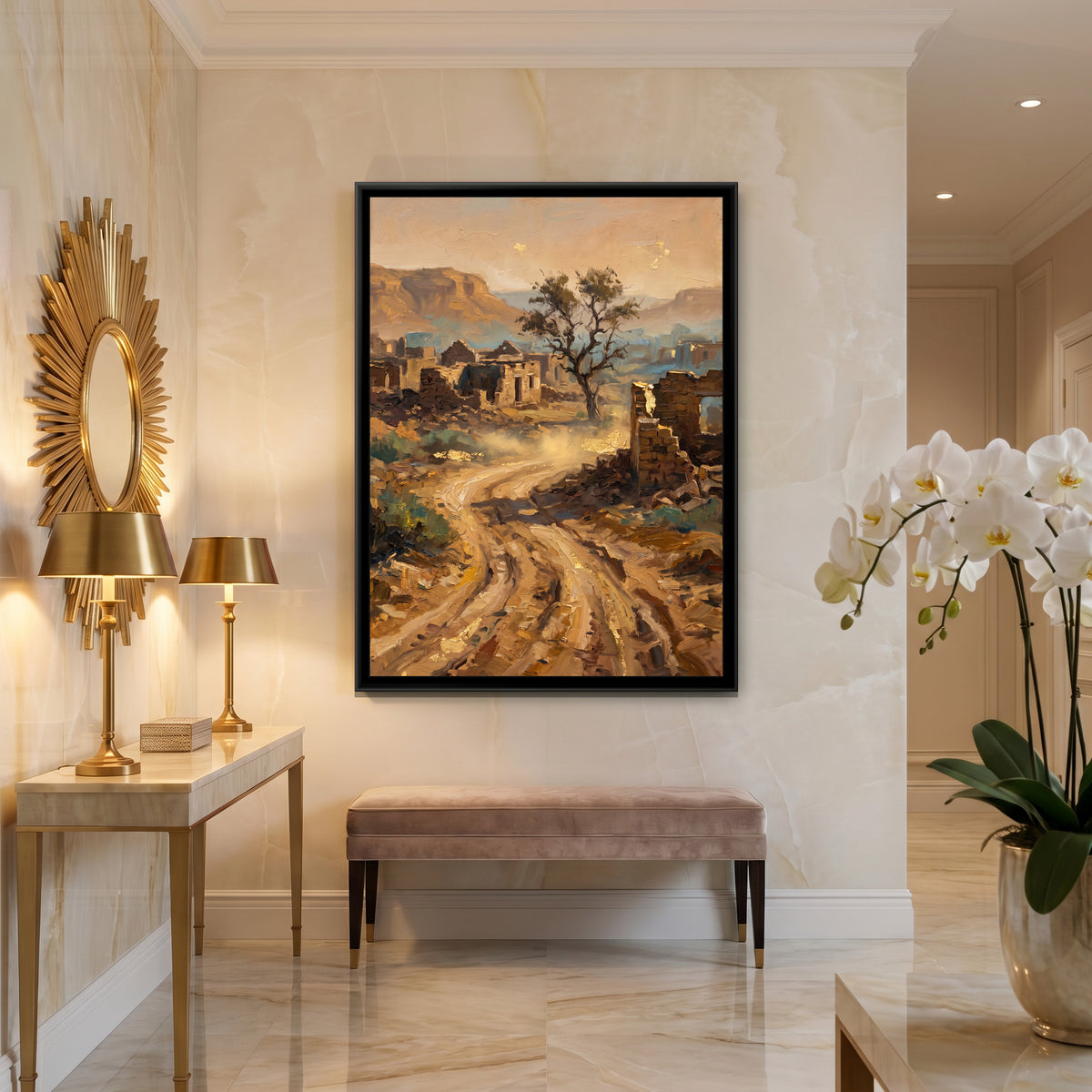 Desert Track to an Abandoned Village, canvas print shown in a second room