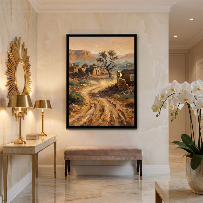 Desert Track to an Abandoned Village, canvas print shown in a second room