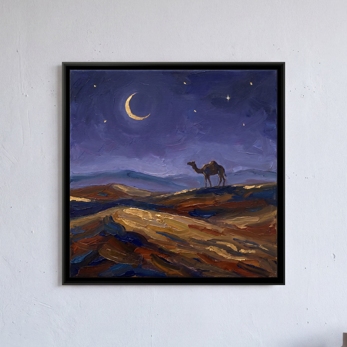 Lone Camel under an Indigo Desert Night, framed canvas print on a wall
