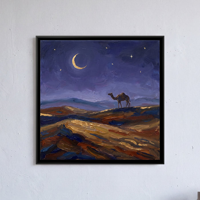 Lone Camel under an Indigo Desert Night, canvas in a room