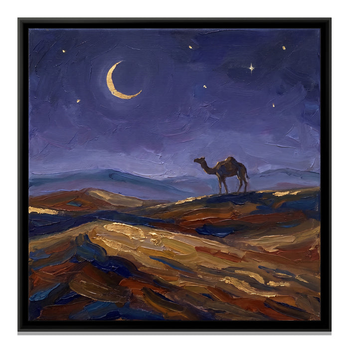 Lone Camel under an Indigo Desert Night, canvas print in a floater frame on a plain white background
