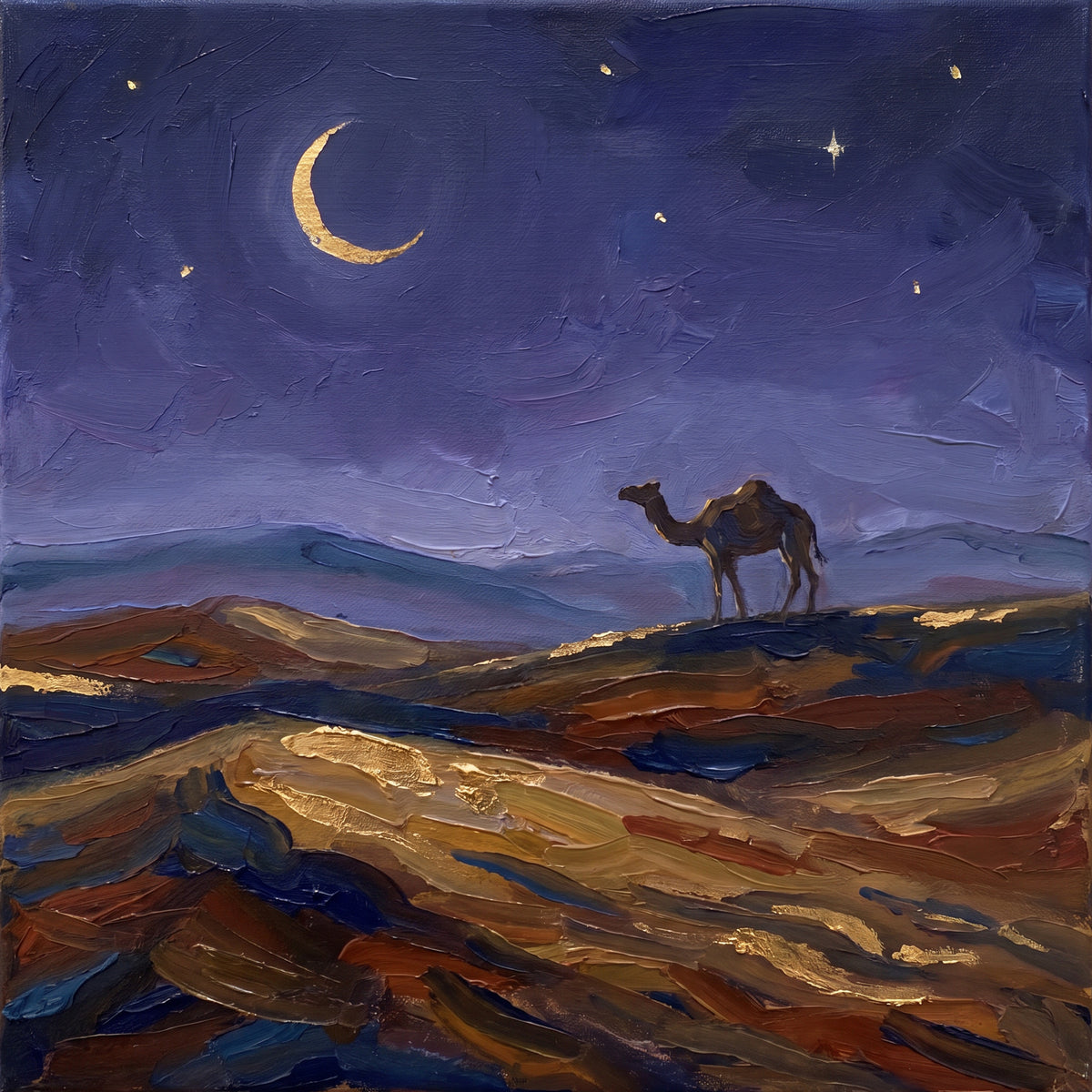 Lone Camel under an Indigo Desert Night, the full artwork