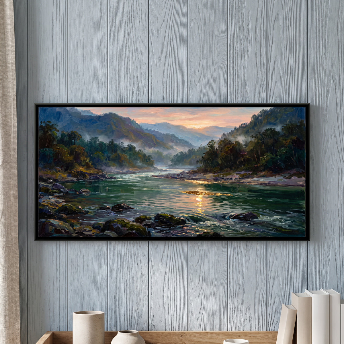 Ganga Valley at Dawn, framed canvas print on a wall