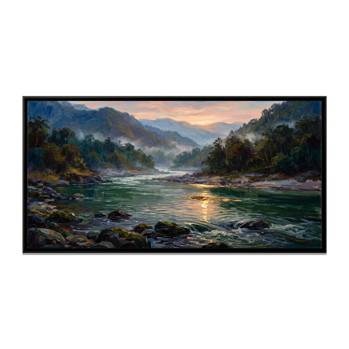 Ganga Valley at Dawn, canvas print in a floater frame on a plain white background