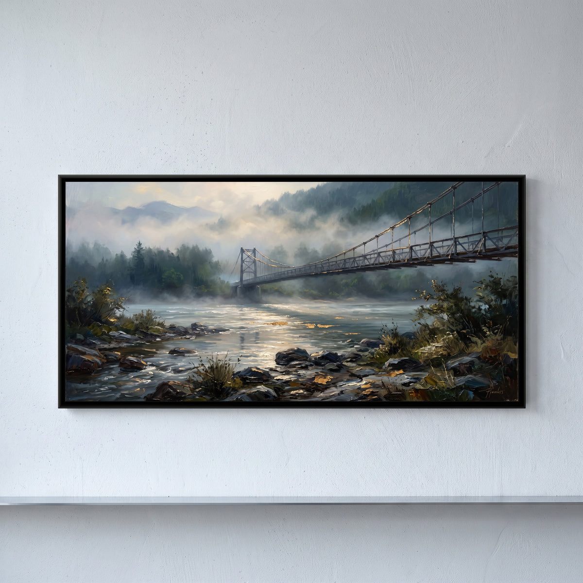 Suspension Bridge in Morning Mist, framed canvas print on a wall
