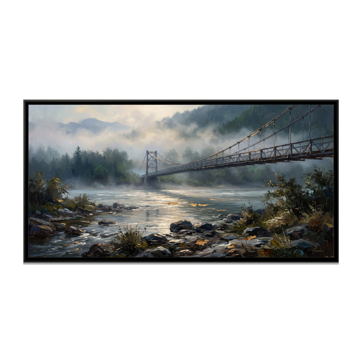 Suspension Bridge in Morning Mist, canvas print in a floater frame on a plain white background