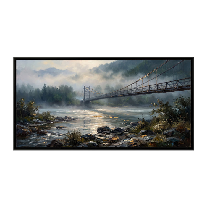 Suspension Bridge in Morning Mist, canvas print in a floater frame on a plain white background