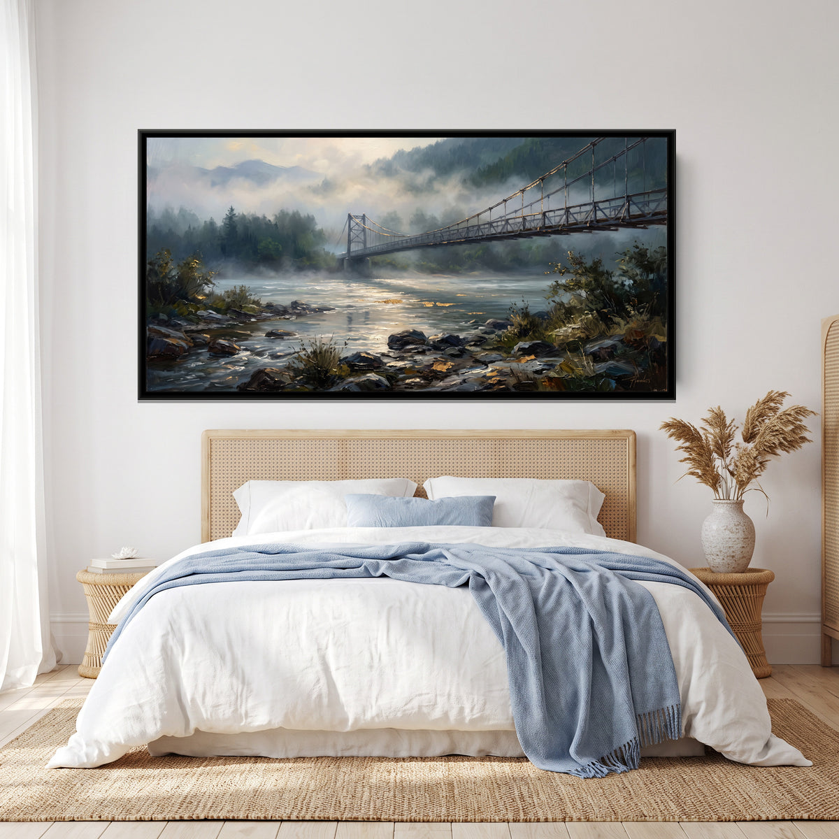 Suspension Bridge in Morning Mist, canvas print shown in a second room