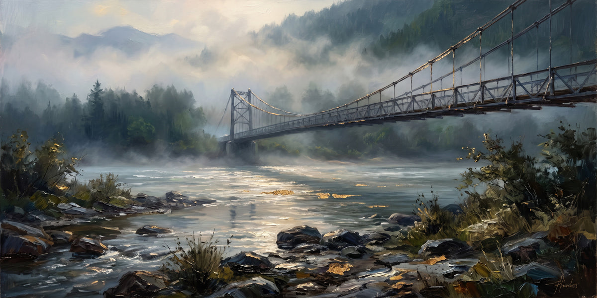 Suspension Bridge in Morning Mist, the full artwork
