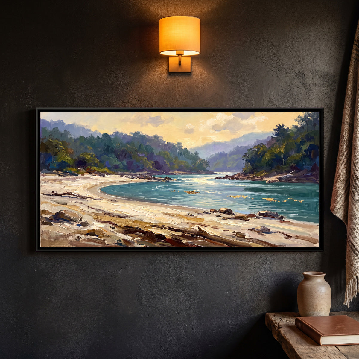 White Sand Beach on the Ganga, framed canvas print on a wall