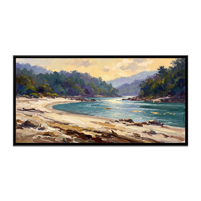 White Sand Beach on the Ganga, canvas print in a floater frame on a plain white background