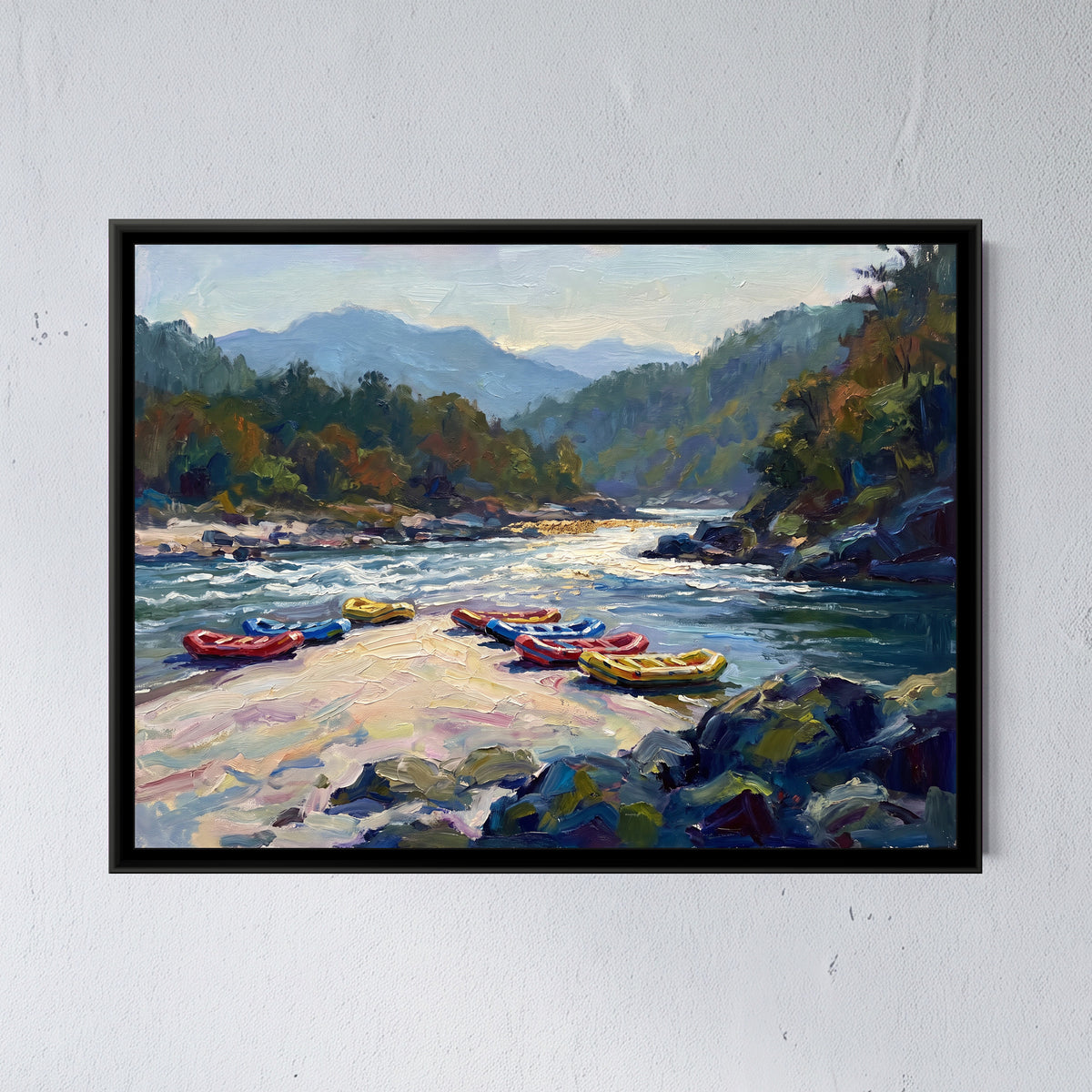 Rafts on a Sandbar, framed canvas print on a wall