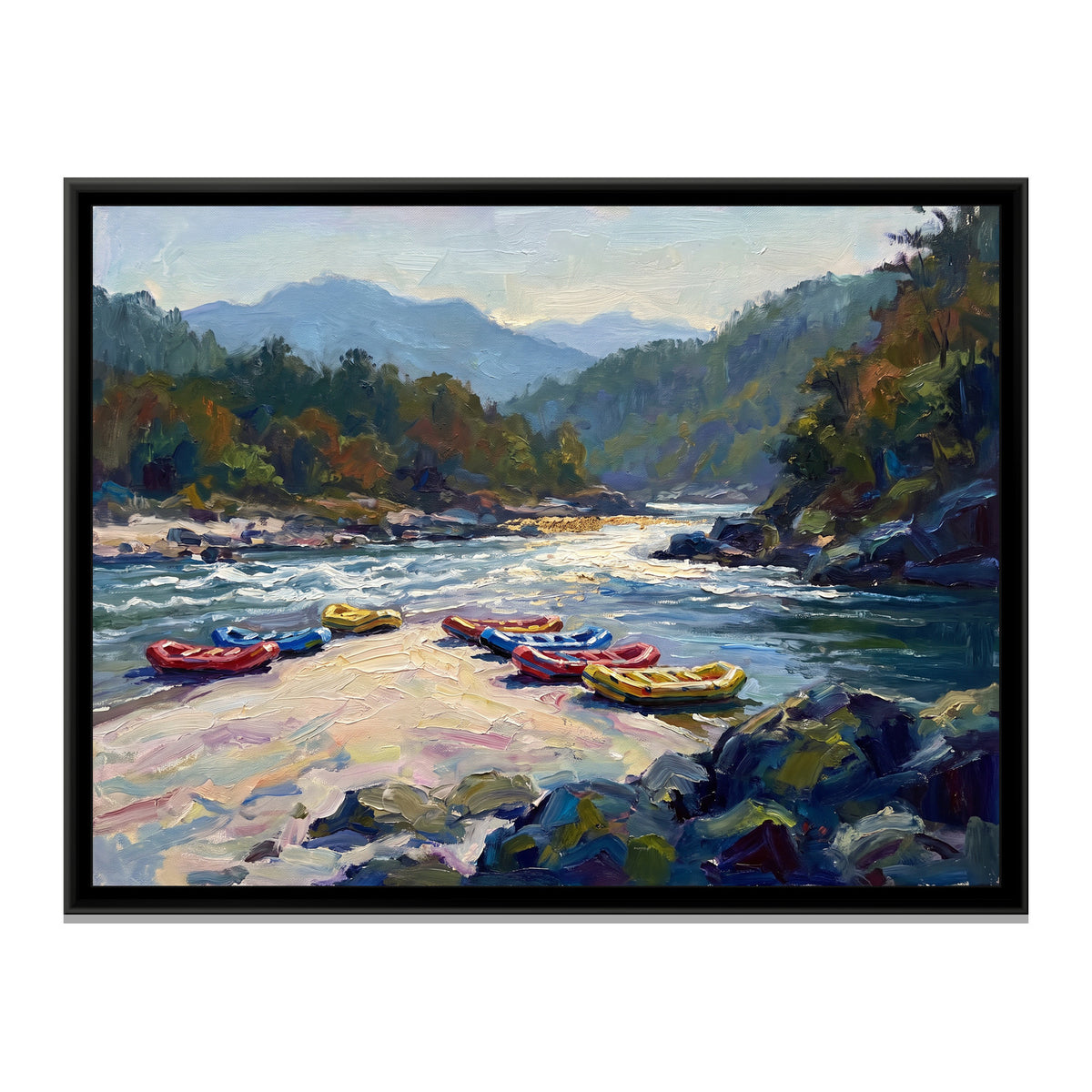 Rafts on a Sandbar, canvas print in a floater frame on a plain white background