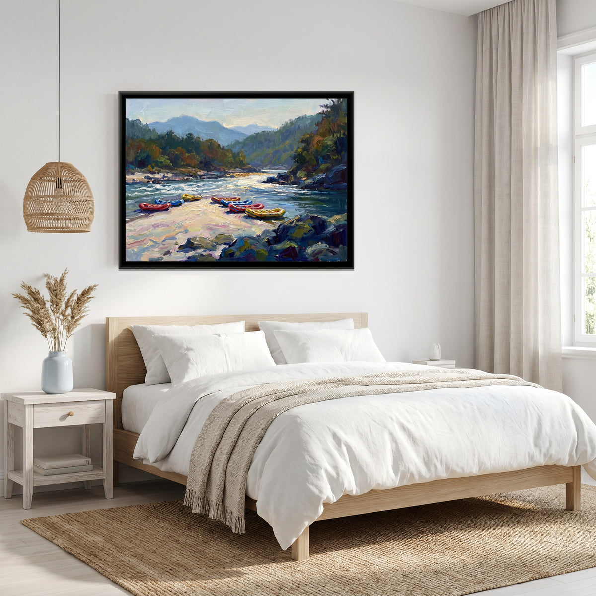 Rafts on a Sandbar, canvas print shown in a second room