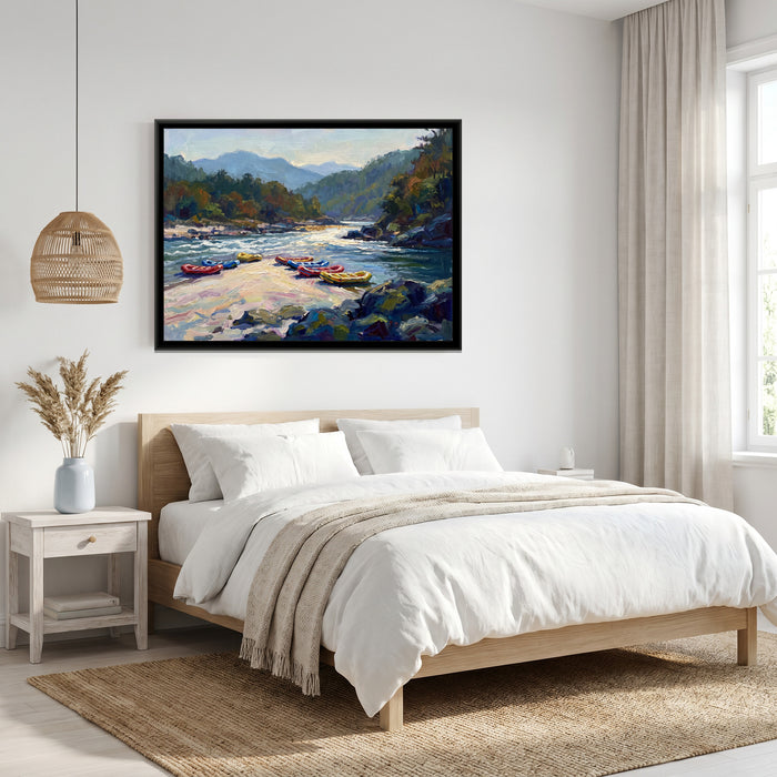 Rafts on a Sandbar, canvas print shown in a second room