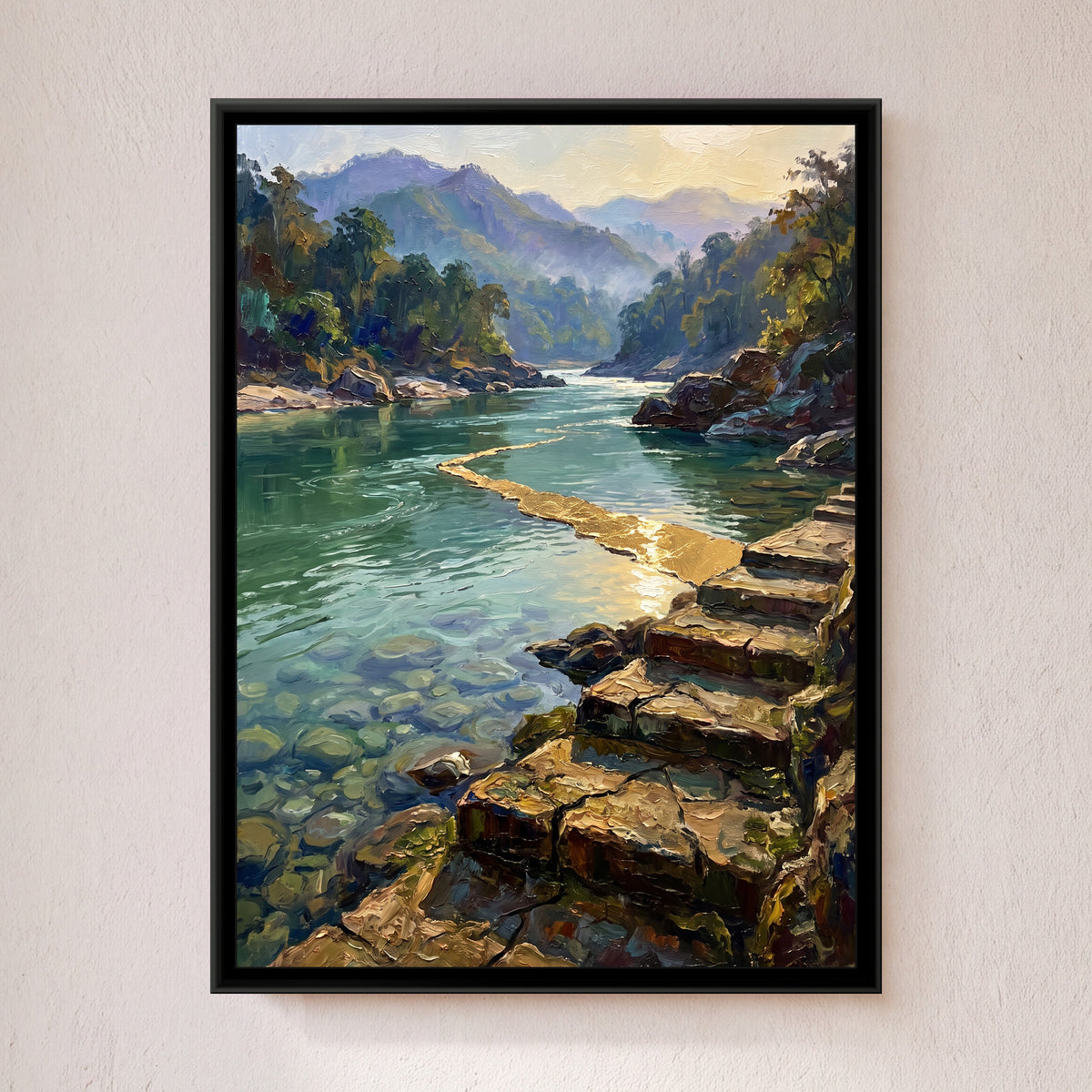 Stone Steps to the Clear River, framed canvas print on a wall