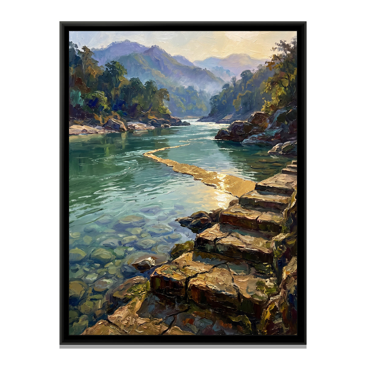 Stone Steps to the Clear River, canvas print in a floater frame on a plain white background