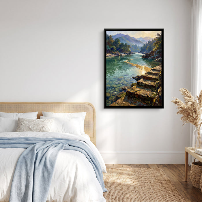 Stone Steps to the Clear River, canvas print shown in a room