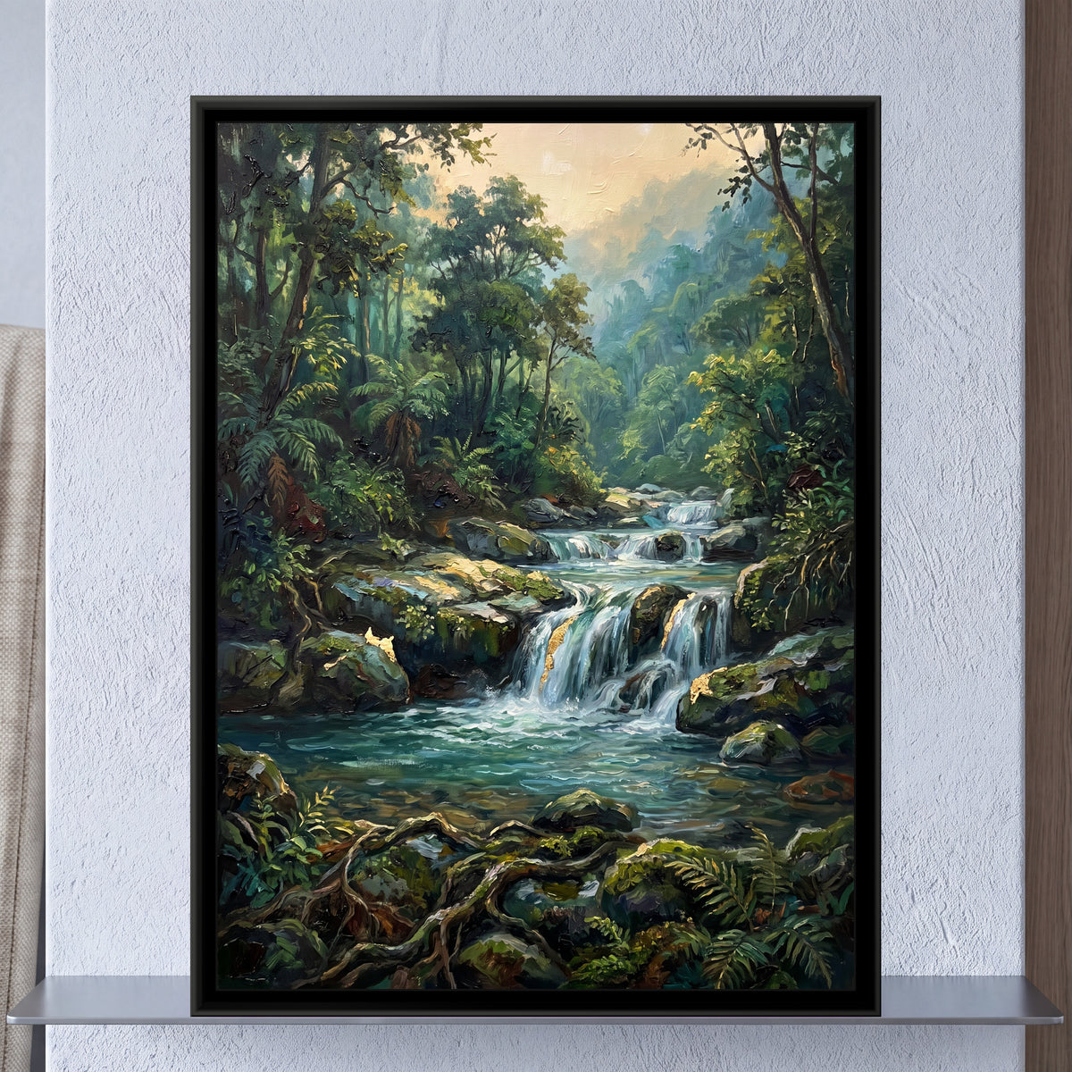 Forest Waterfall near Rishikesh, framed canvas print on a wall