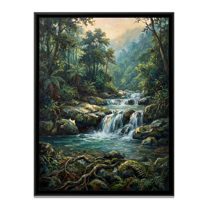Forest Waterfall near Rishikesh, canvas print in a floater frame on a plain white background