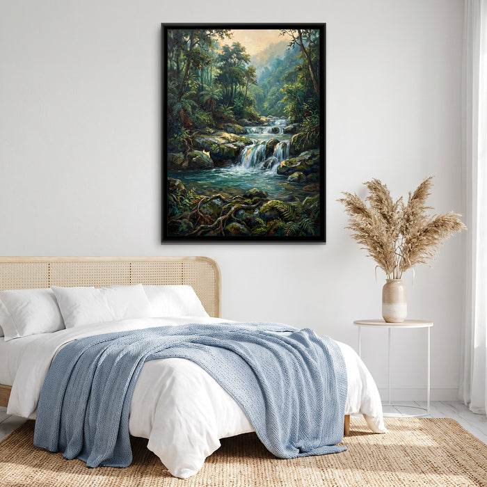 Forest Waterfall near Rishikesh, canvas print shown in a room