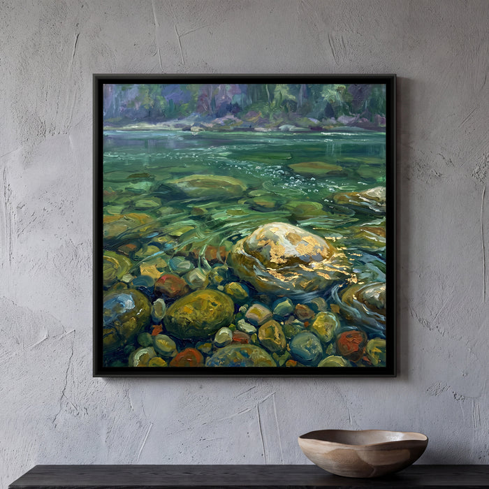 River Pebbles in Clear Water, canvas in a room