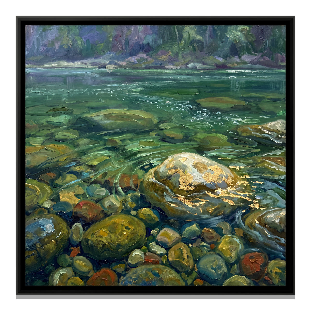 River Pebbles in Clear Water, canvas print in a floater frame on a plain white background