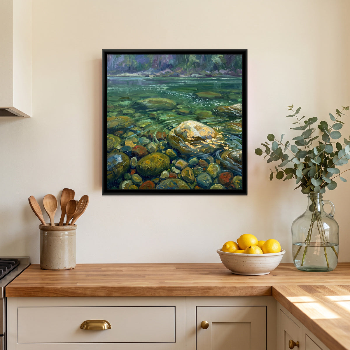 River Pebbles in Clear Water, canvas print shown in a second room