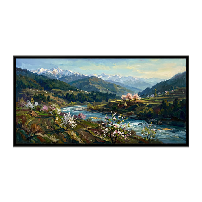 Kullu Valley in Spring, canvas print in a floater frame on a plain white background