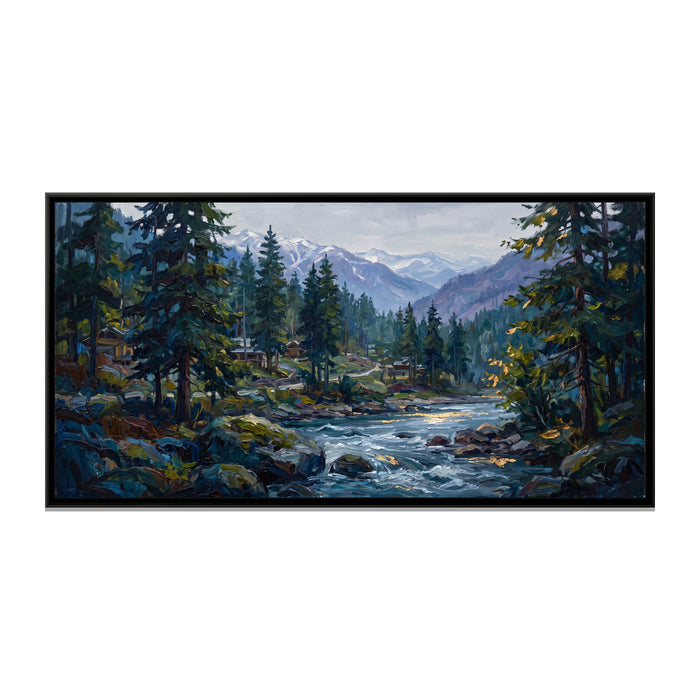 Parvati Valley Pines at Kasol, canvas print in a floater frame on a plain white background