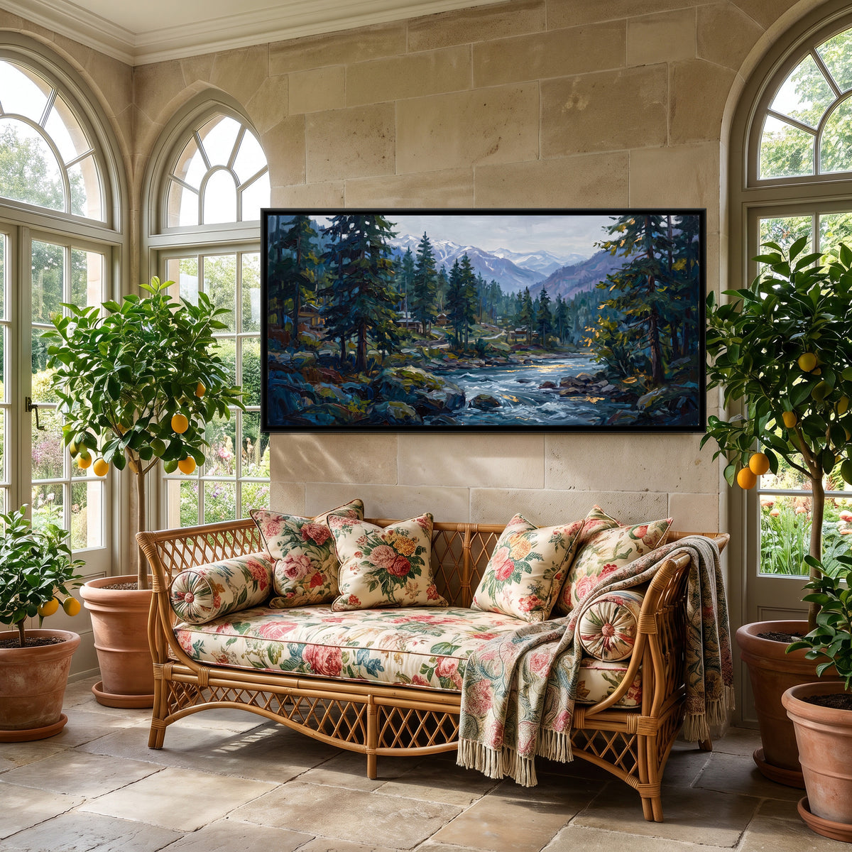 Parvati Valley Pines at Kasol, canvas print shown in a second room