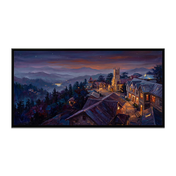 Shimla Ridge at Twilight, canvas print in a floater frame on a plain white background