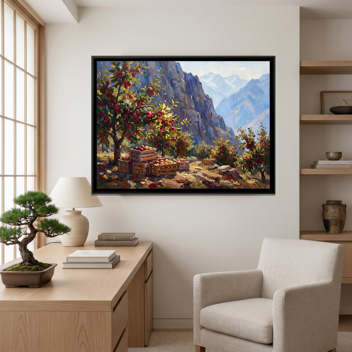 Apple Harvest in a Kinnaur Orchard, canvas print shown in a second room