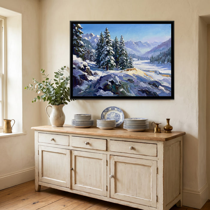 Solang Valley under Fresh Snow, canvas print shown in a second room