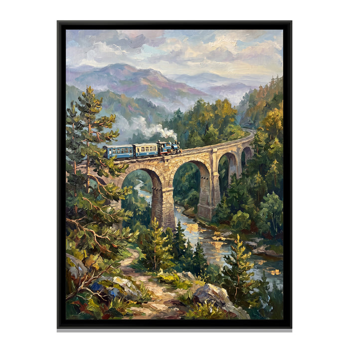 Toy Train Bridge in the Hills, canvas print in a floater frame on a plain white background