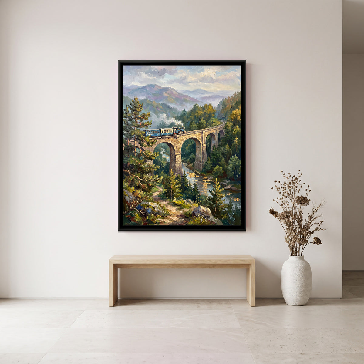 Toy Train Bridge in the Hills, canvas print shown in a room