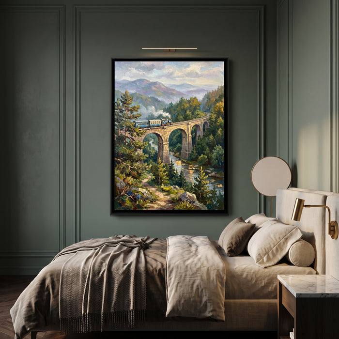 Toy Train Bridge in the Hills, canvas print shown in a second room