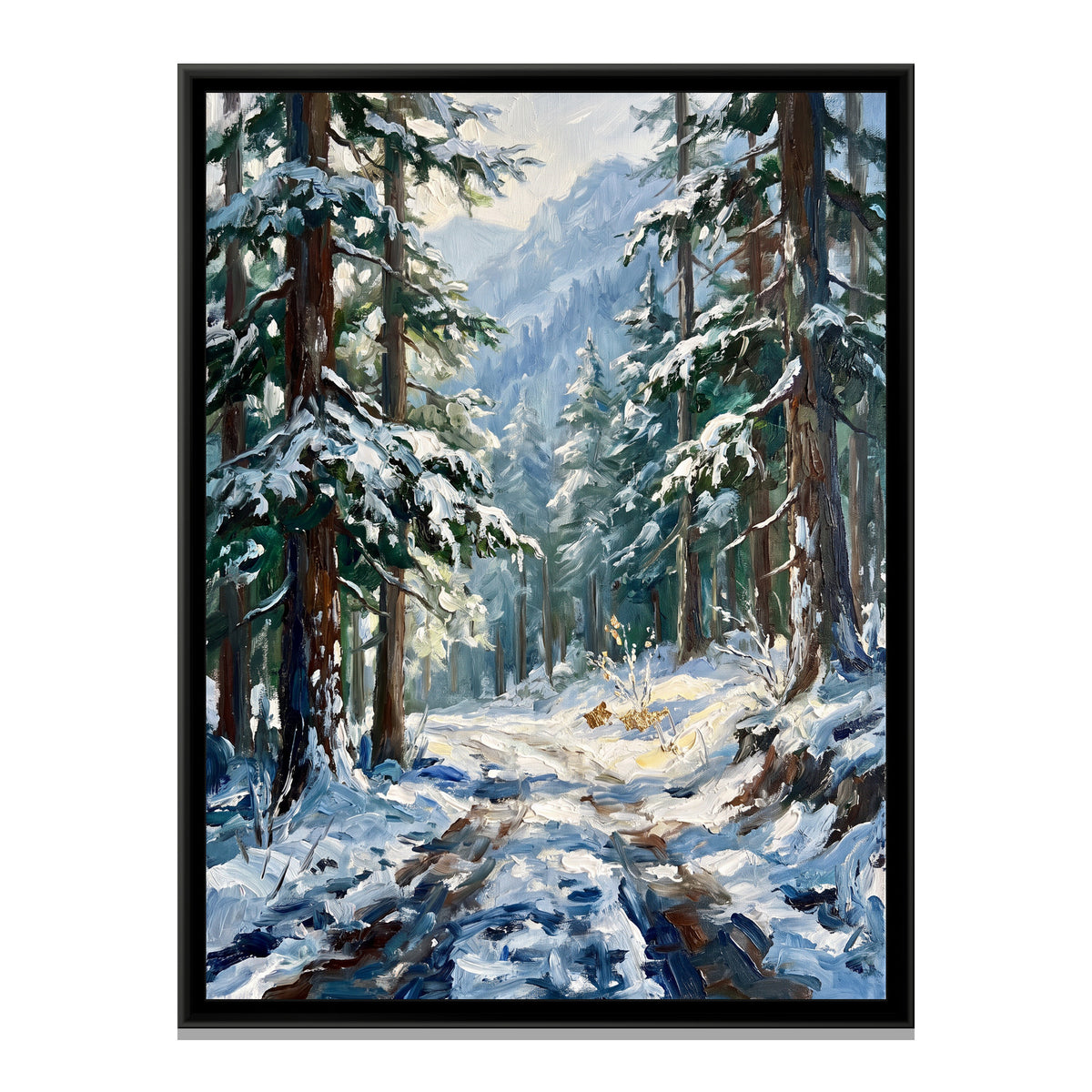 Deodar Forest Path after Snowfall, canvas print in a floater frame on a plain white background