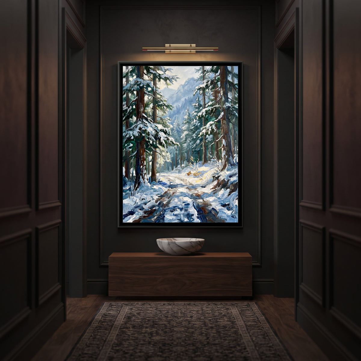 Deodar Forest Path after Snowfall, canvas print shown in a second room