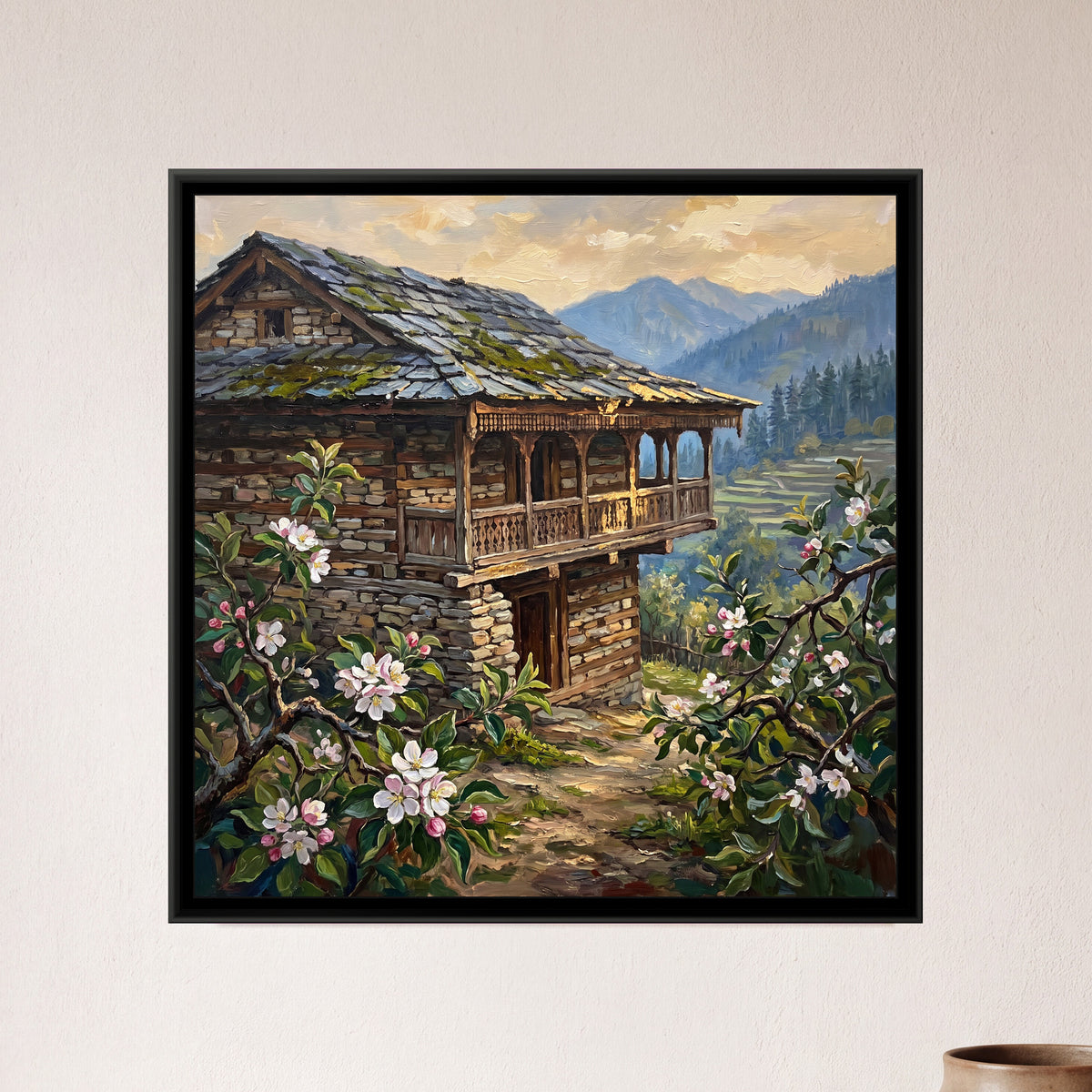 Wooden Kath-Kuni House in Naggar, framed canvas print on a wall