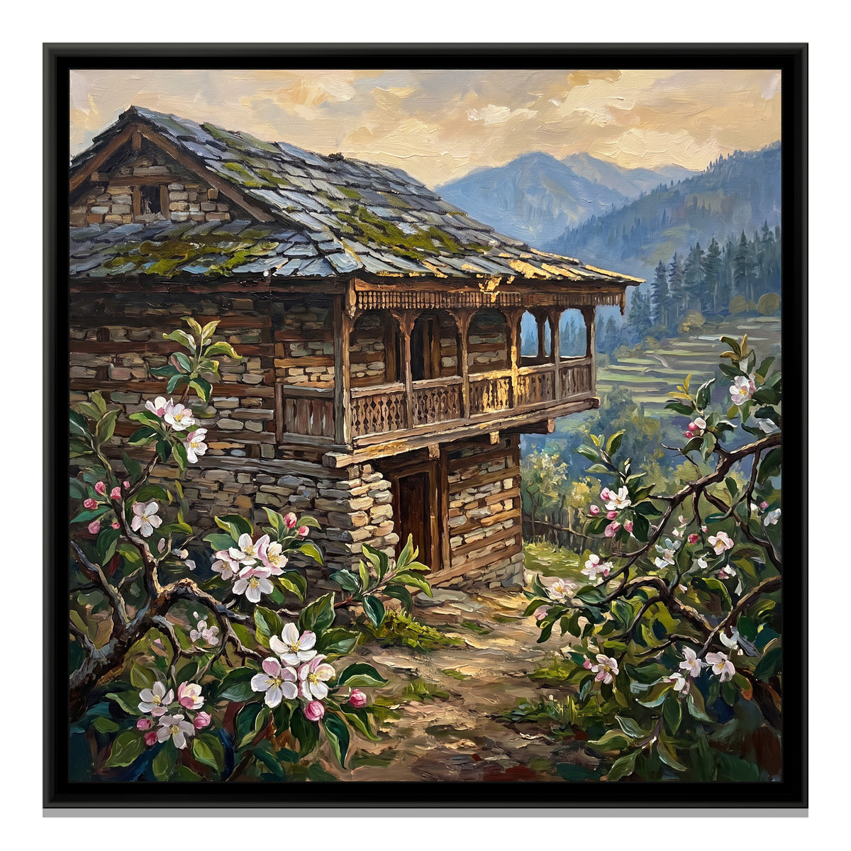 Wooden Kath-Kuni House in Naggar, canvas print in a floater frame on a plain white background
