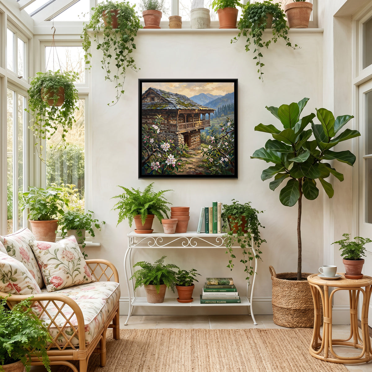 Wooden Kath-Kuni House in Naggar, canvas print shown in a room