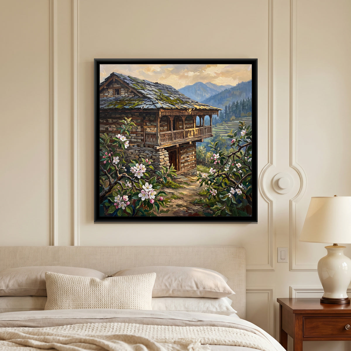 Wooden Kath-Kuni House in Naggar, canvas print shown in a second room