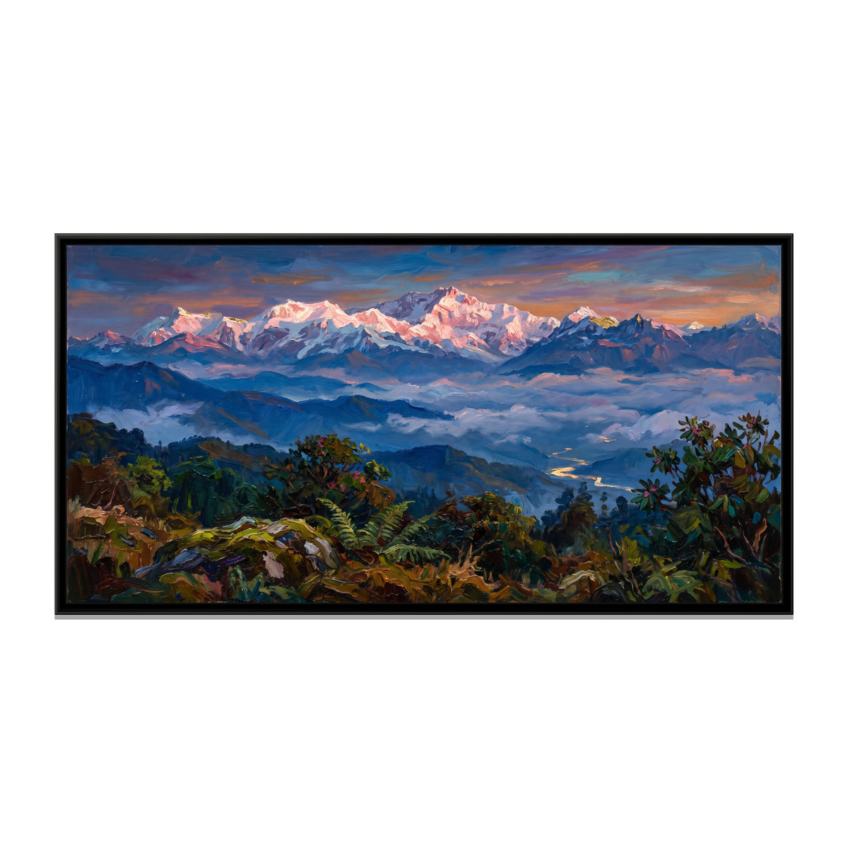 Kanchenjunga at Sunrise, canvas print in a floater frame on a plain white background