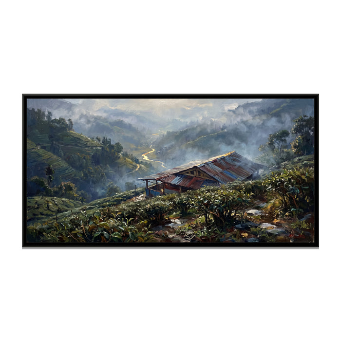 Darjeeling Tea Gardens in Morning Mist, canvas print in a floater frame on a plain white background