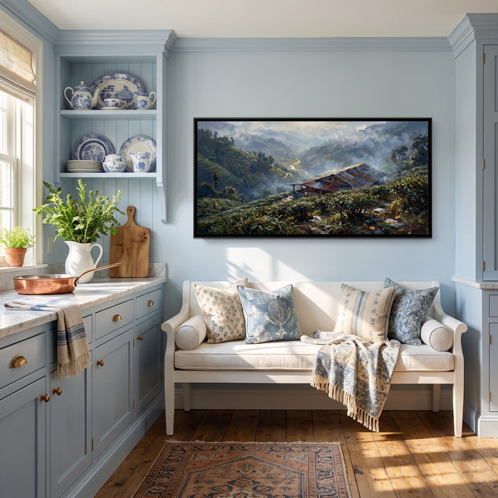 Darjeeling Tea Gardens in Morning Mist, canvas print shown in a room