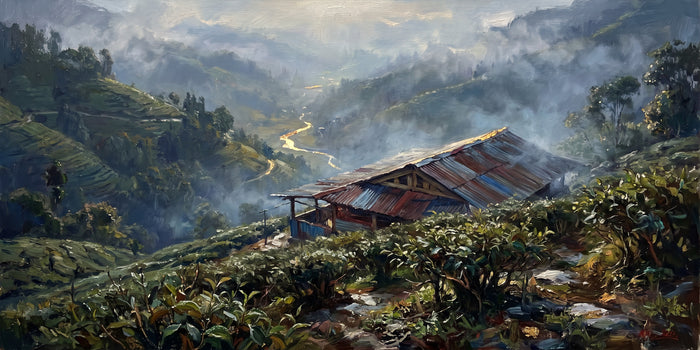 Darjeeling Tea Gardens in Morning Mist, the full artwork