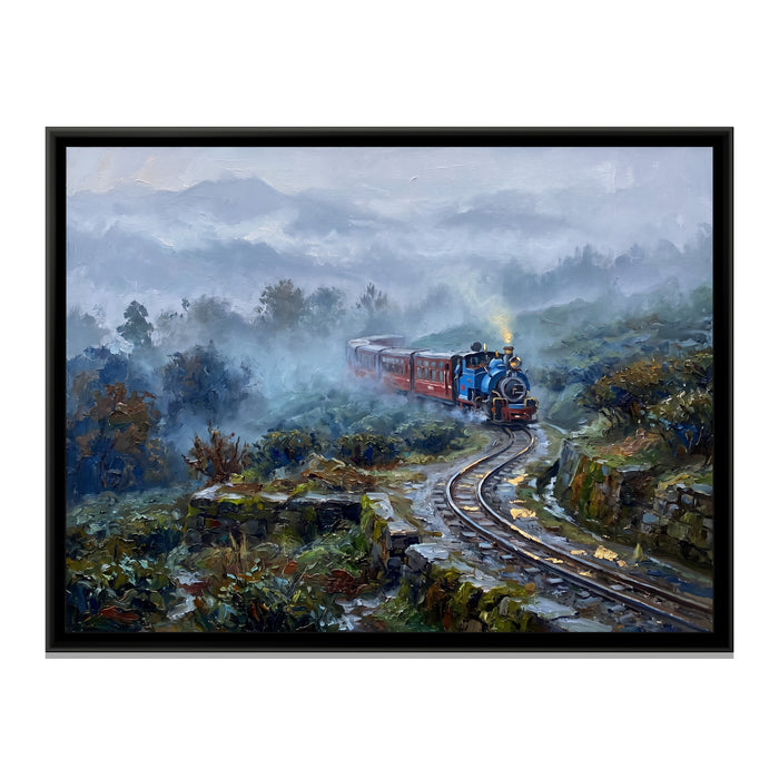 Toy Train Loop in Monsoon Mist, canvas print in a floater frame on a plain white background